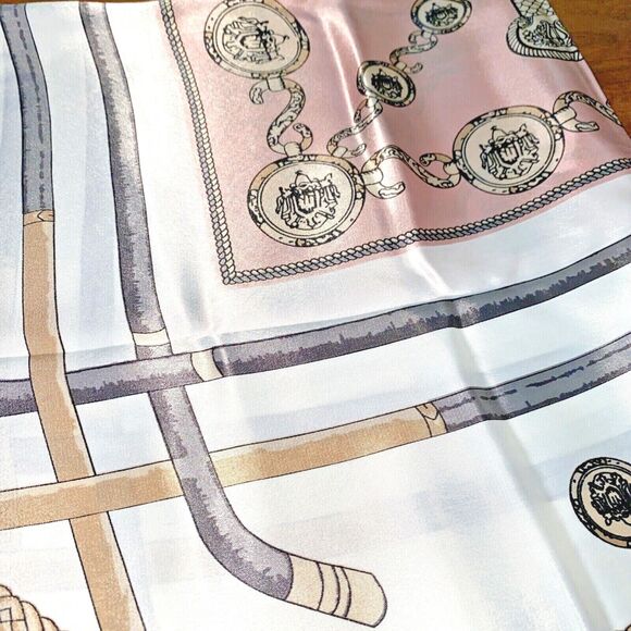 Silky feel scarf 27” square pink & gray on white designer chic motif elegant - Picture 7 of 8